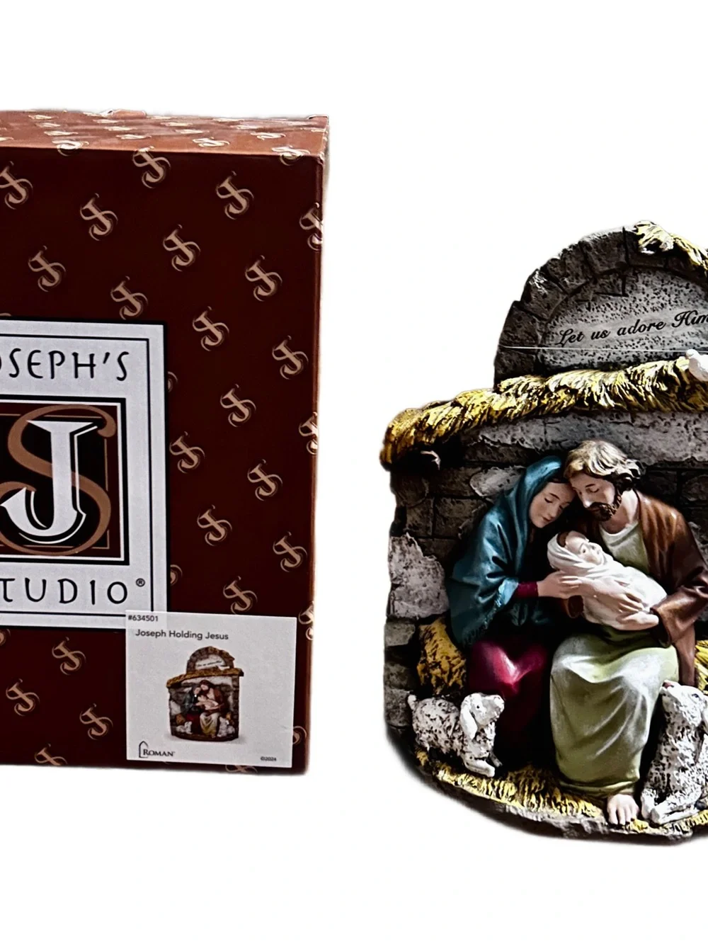 Roman ~ Mary and Joseph Holding Baby Jesus in Crèche with Lambs 10